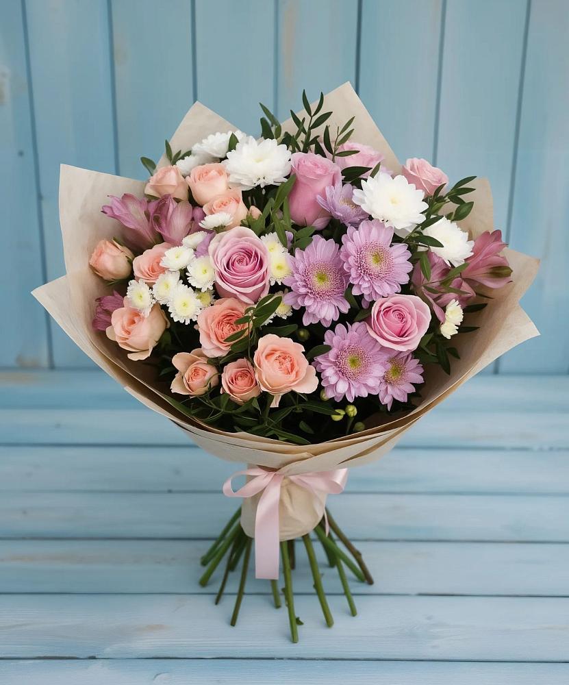 Букет цветов из: Хризантемы, Розы и Альстромерии в Новой Майне