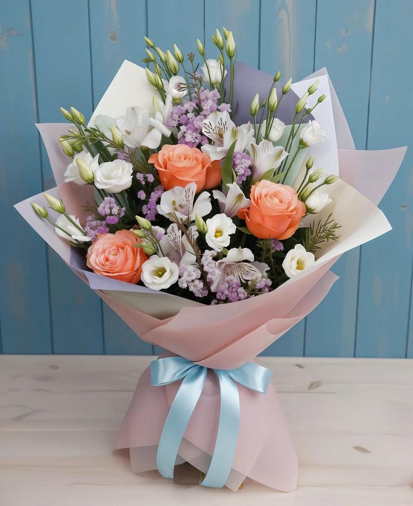 Букет цветов из: Лизиантусы, Розы, Альстромерии и Гипсофила в Новой Майне