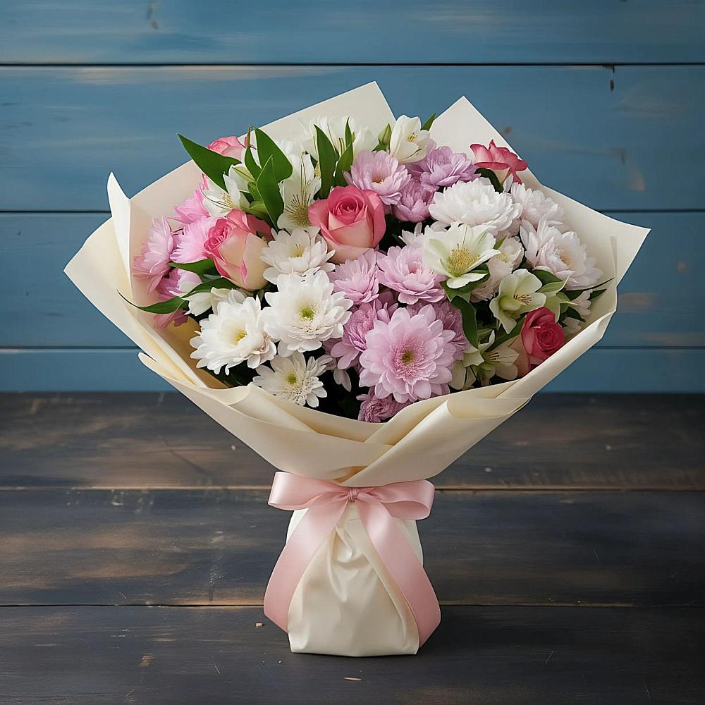 Букет цветов из: Хризантемы, Альстромерии и Розы в Новой Майне